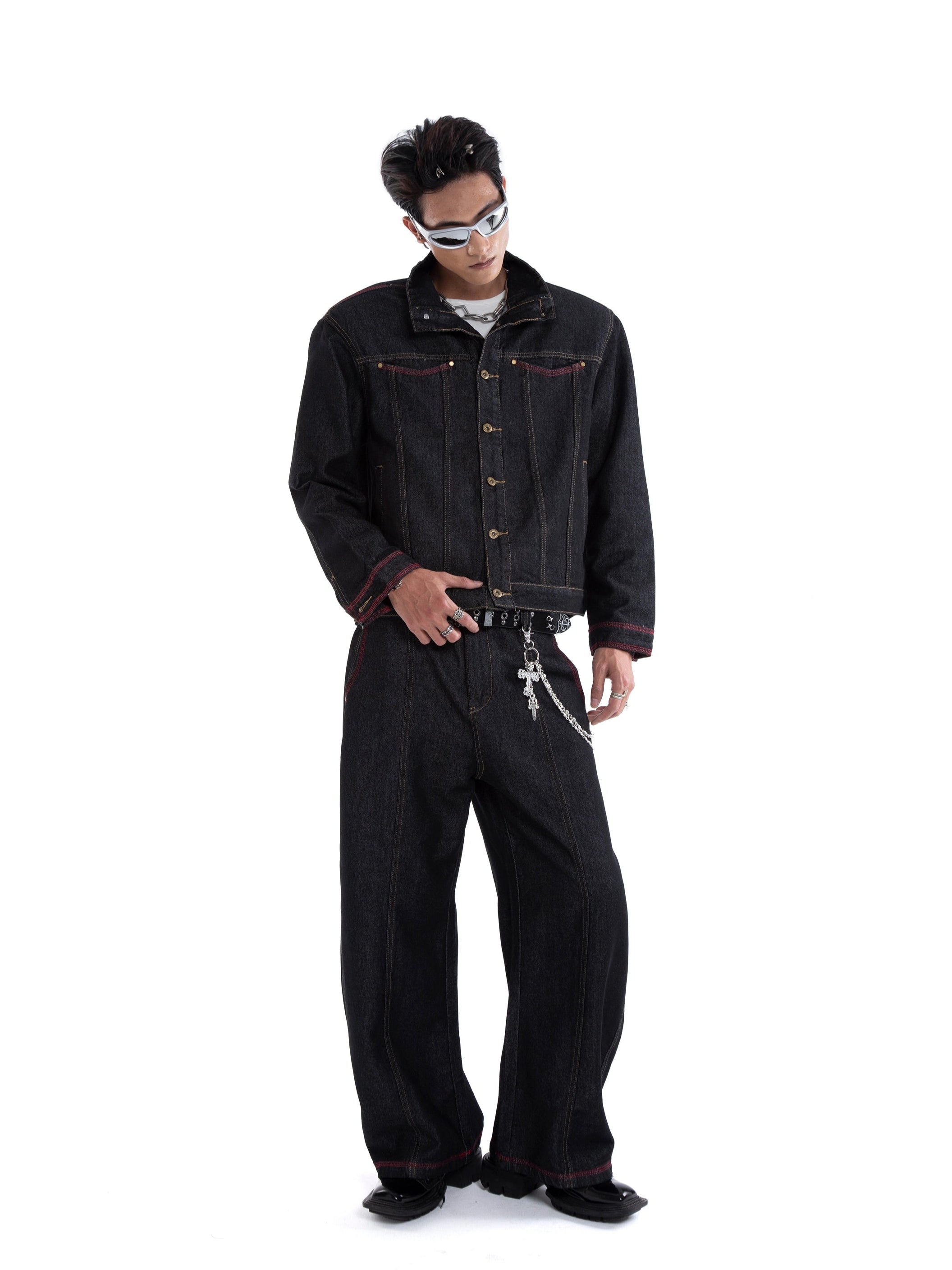 Dark Wash Contrast Stitch Mid Crop Denim Jacket and Wide Leg Jeans Two-Piece Set