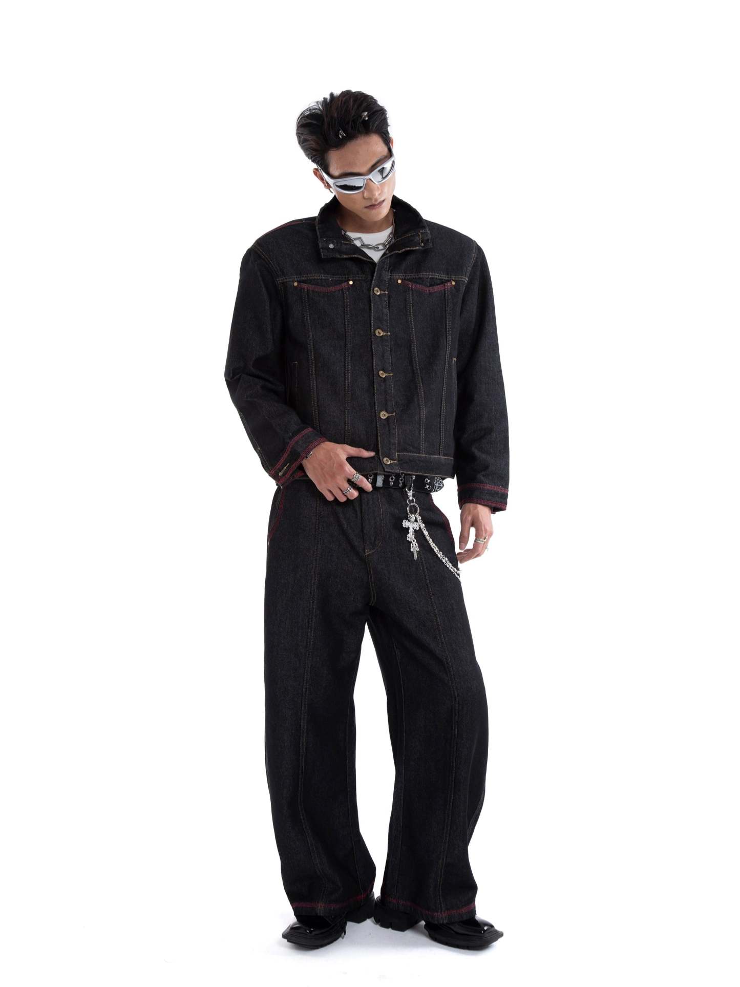 Dark Wash Contrast Stitch Mid Crop Denim Jacket and Wide Leg Jeans Two-Piece Set