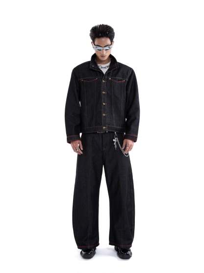 Dark Wash Contrast Stitch Mid Crop Denim Jacket and Wide Leg Jeans Two-Piece Set