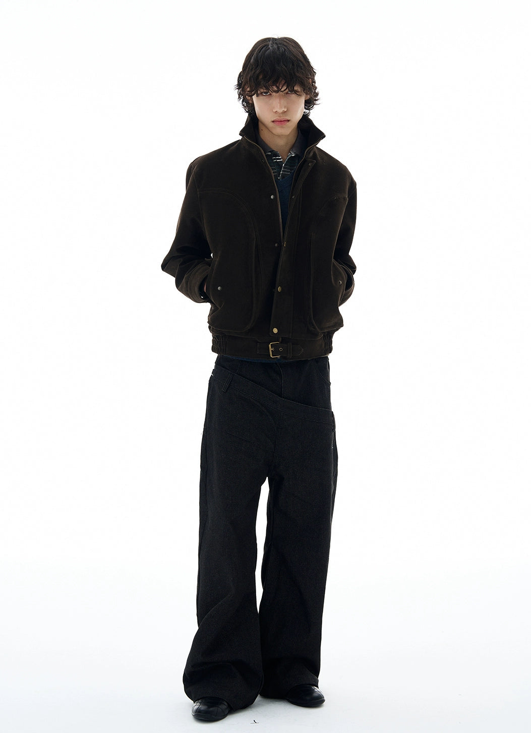 High-Collar Suede Button Jacket with Belted Hem