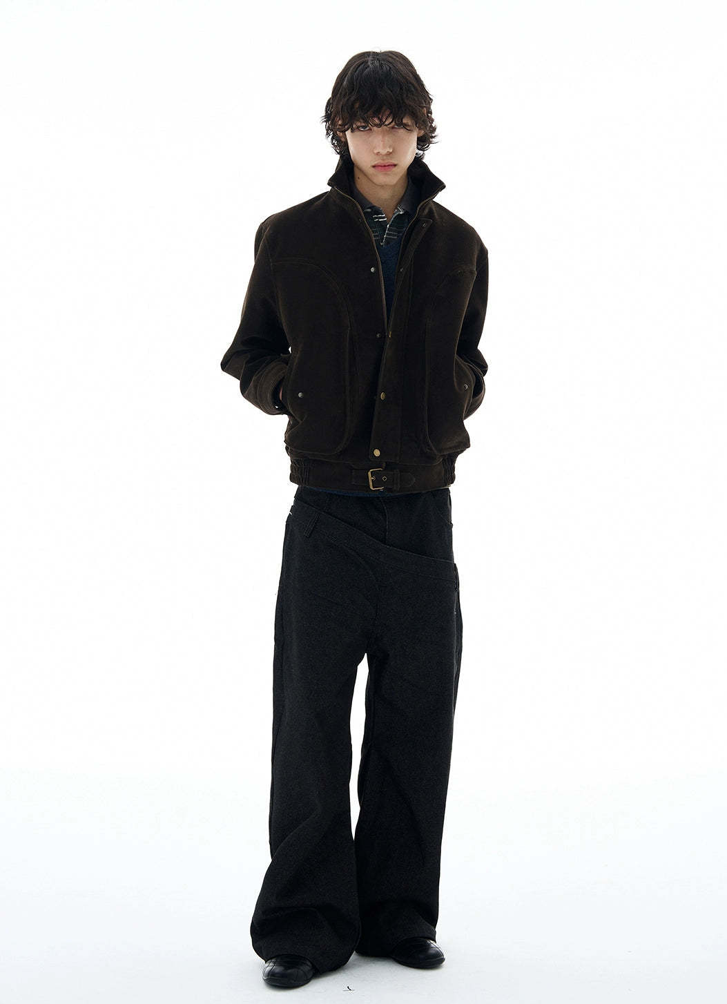 High-Collar Suede Button Jacket with Belted Hem