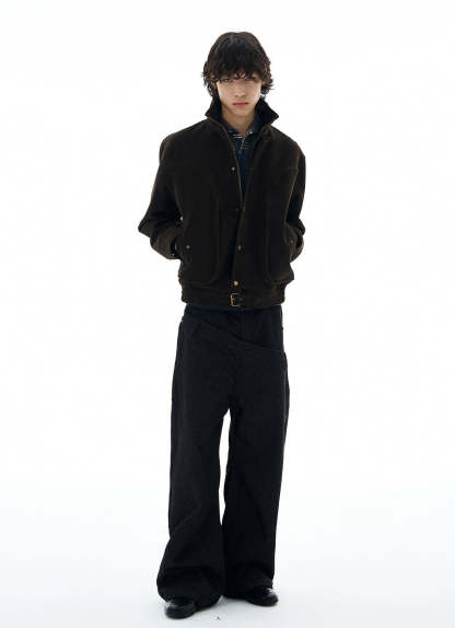 High-Collar Suede Button Jacket with Belted Hem