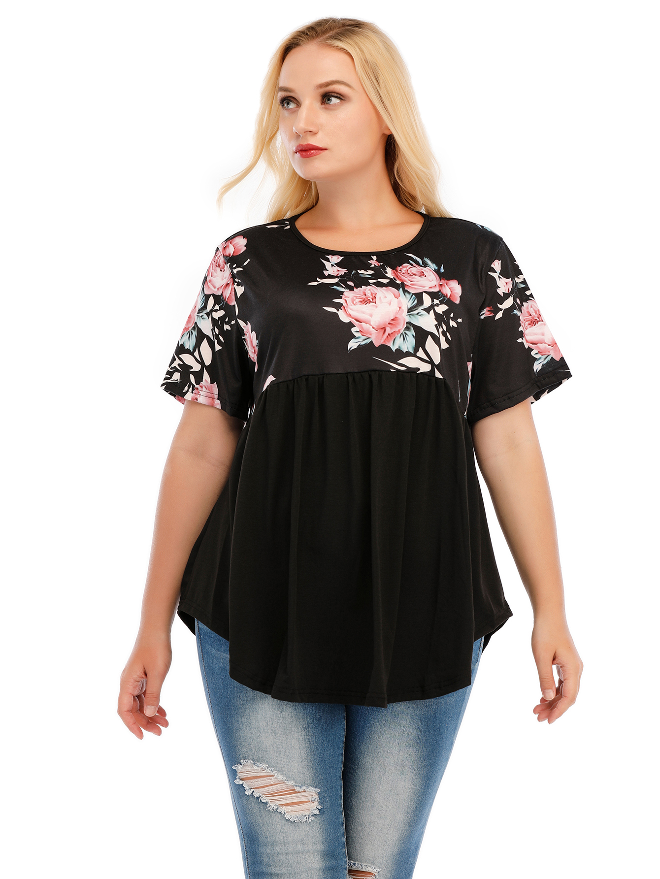 Women's Plus Size Elegant Round Neck Long Sleeve Top with Flower Print