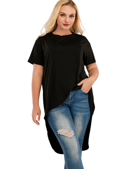 Women's Solid Color Irregular Pullover Round Neck Slim Short Sleeve T-Shirt Top