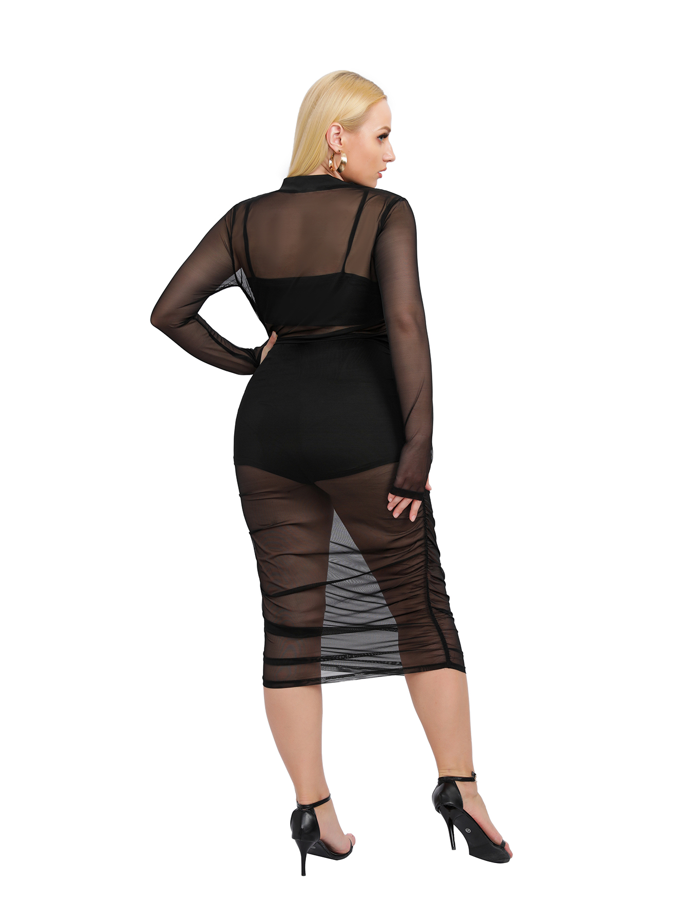 Women's Contrast Mesh Long Sleeve Bodycon Dress Slit Hem Mock Neck Pencil Dress