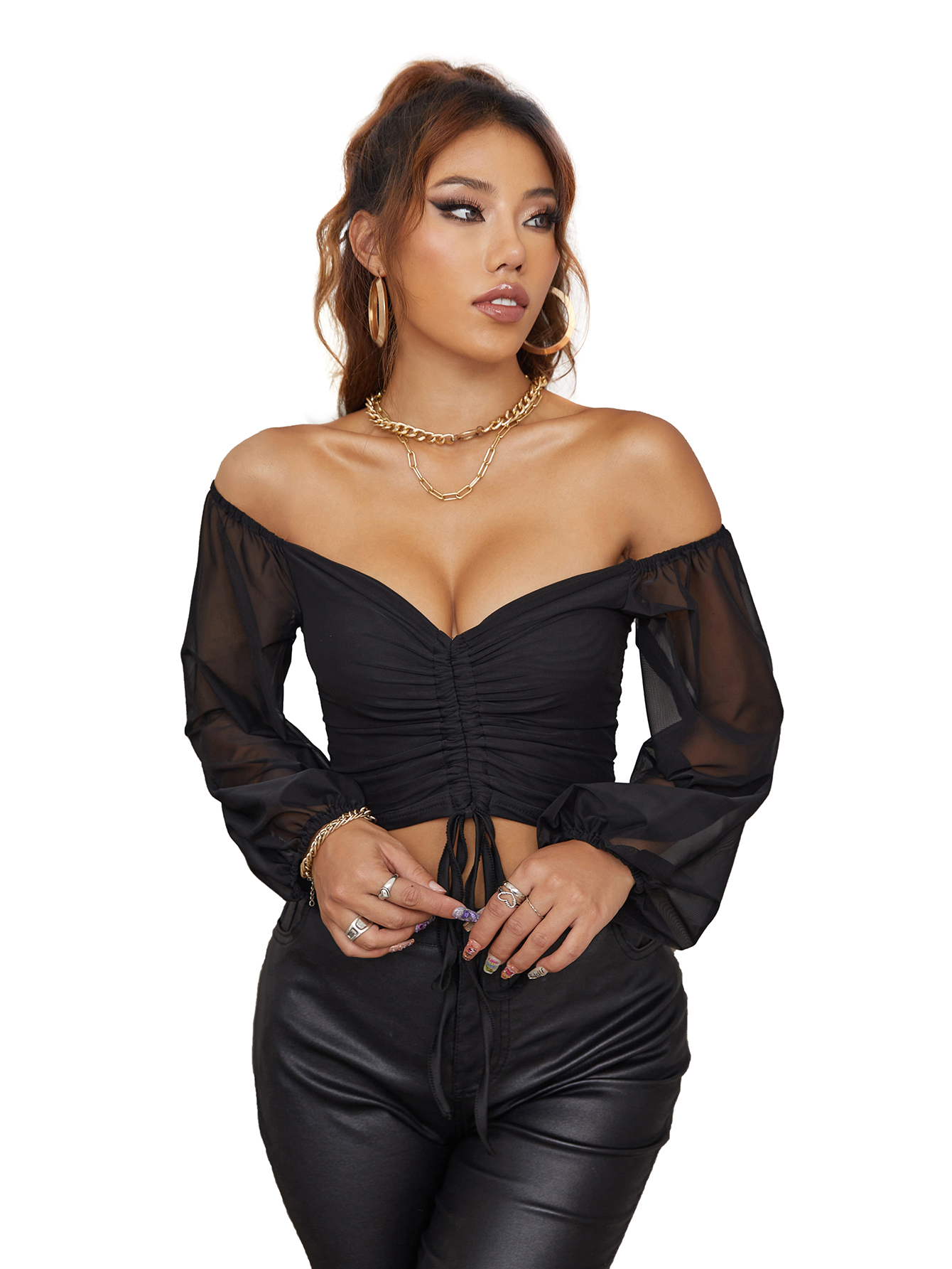 Women's  Mesh Crop Tops Long Sleeve Bodycon Sheer Blouse Clubwear