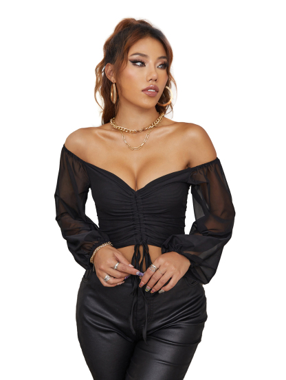 Women's  Mesh Crop Tops Long Sleeve Bodycon Sheer Blouse Clubwear