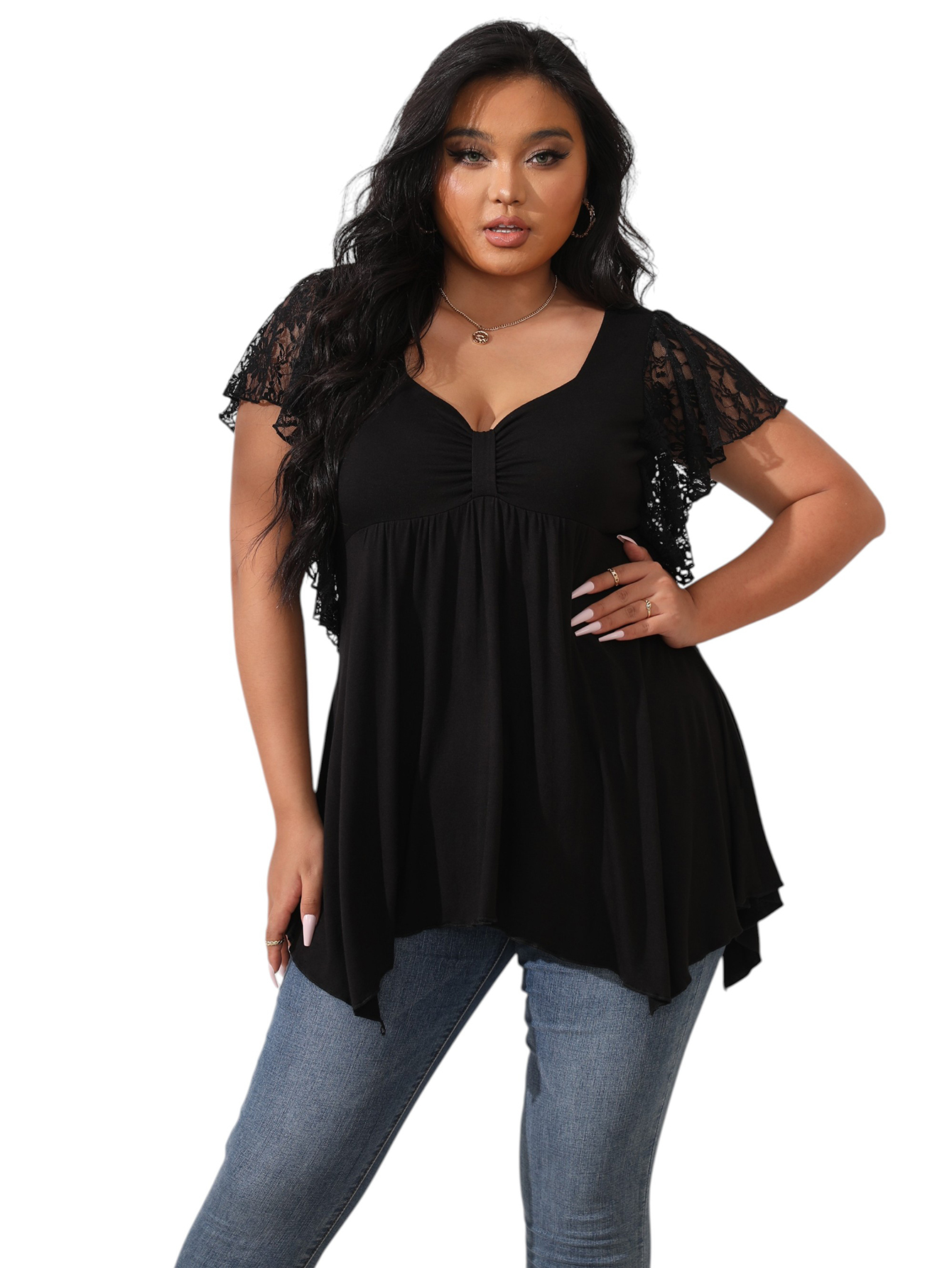 Women's Plus Size Elegant V-Neck Long Sleeve Top with Lace 