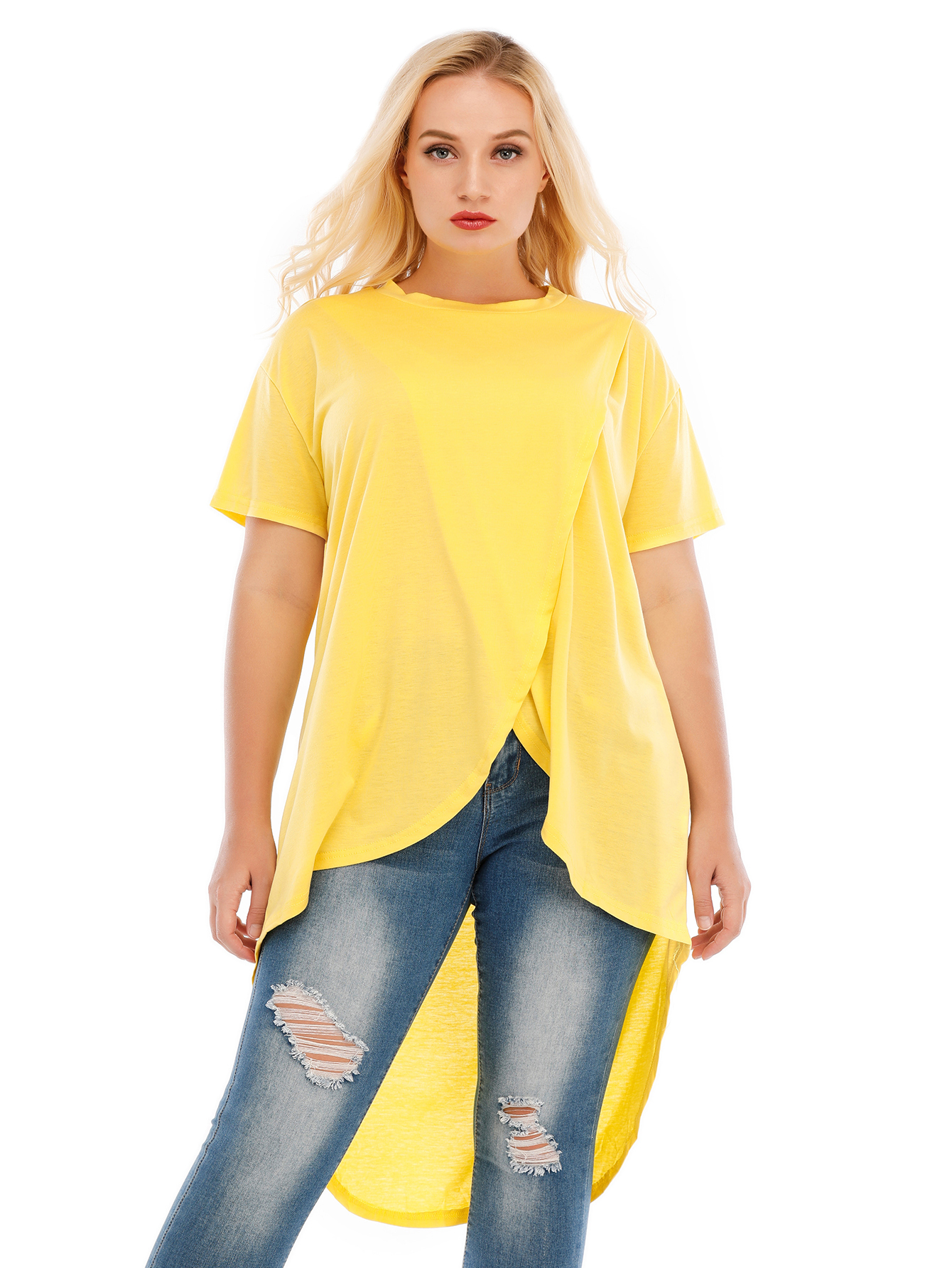 Women's Solid Color Irregular Pullover Round Neck Slim Short Sleeve T-Shirt Top
