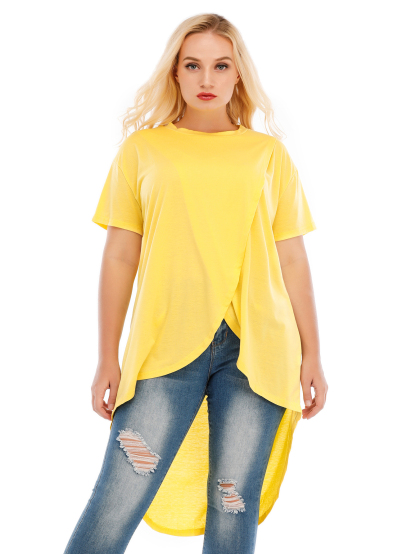 Women's Solid Color Irregular Pullover Round Neck Slim Short Sleeve T-Shirt Top