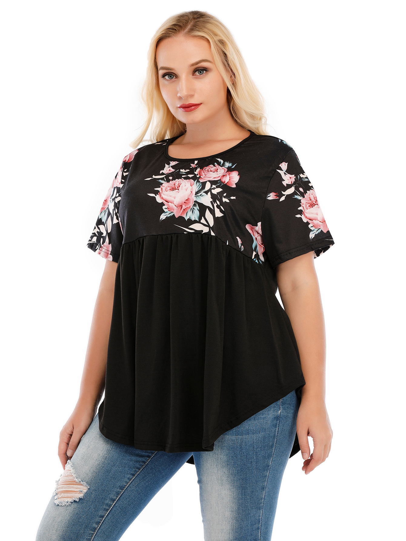 Women's Plus Size Elegant Round Neck Long Sleeve Top with Flower Print