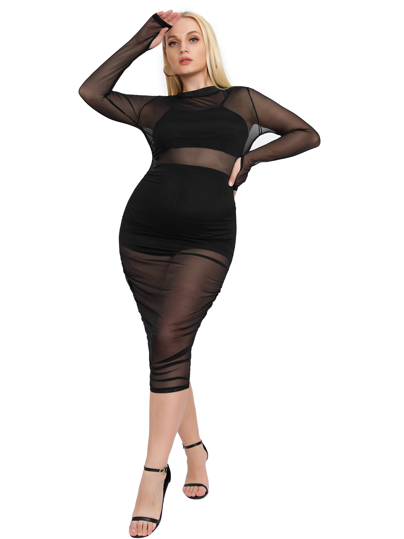 Women's Contrast Mesh Long Sleeve Bodycon Dress Slit Hem Mock Neck Pencil Dress