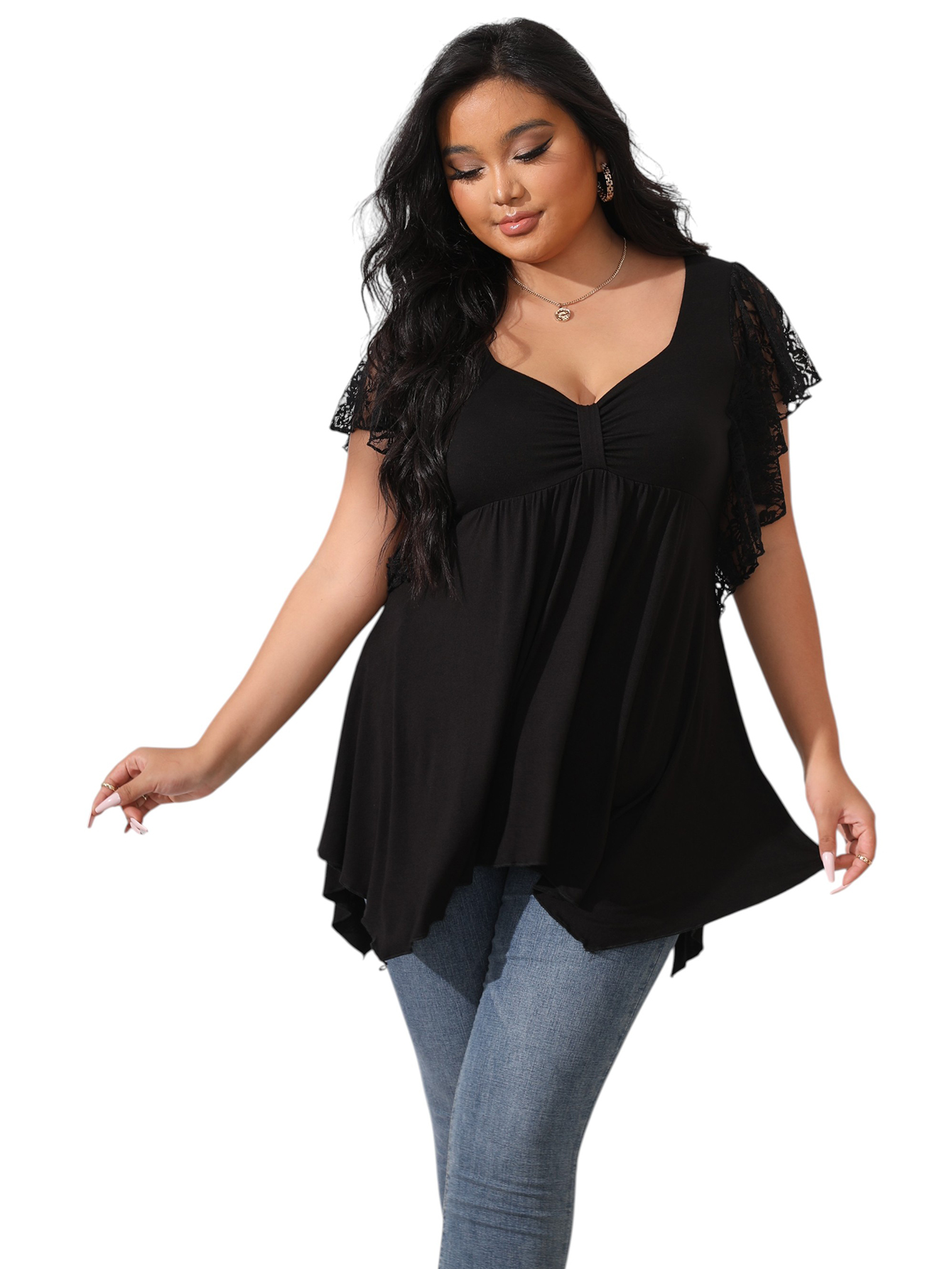 Women's Plus Size Elegant V-Neck Long Sleeve Top with Lace 
