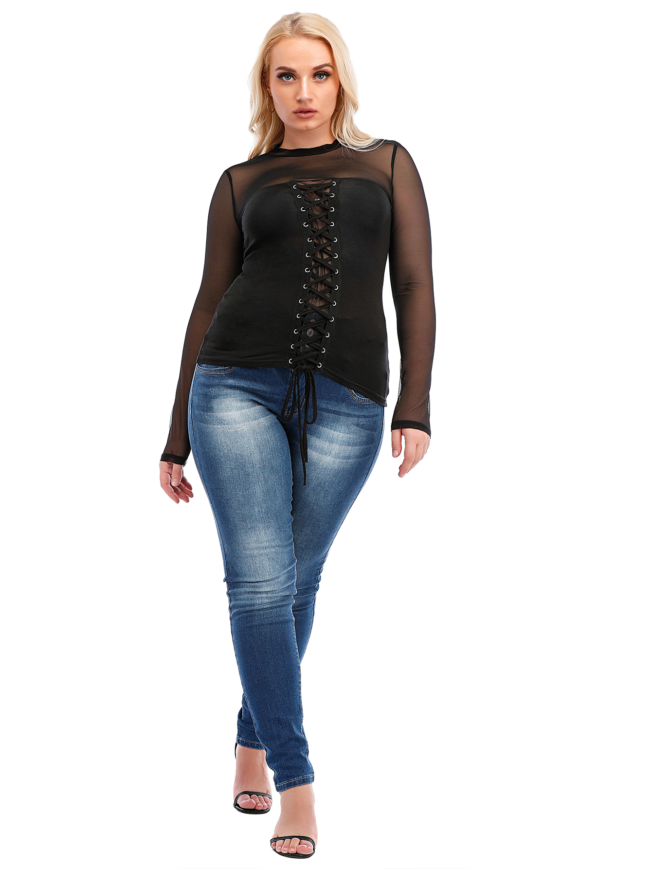 Women's Plus Size Mesh Tops See Through Shirts Long Sleeve Bodycon Sheer Blouse Clubwear