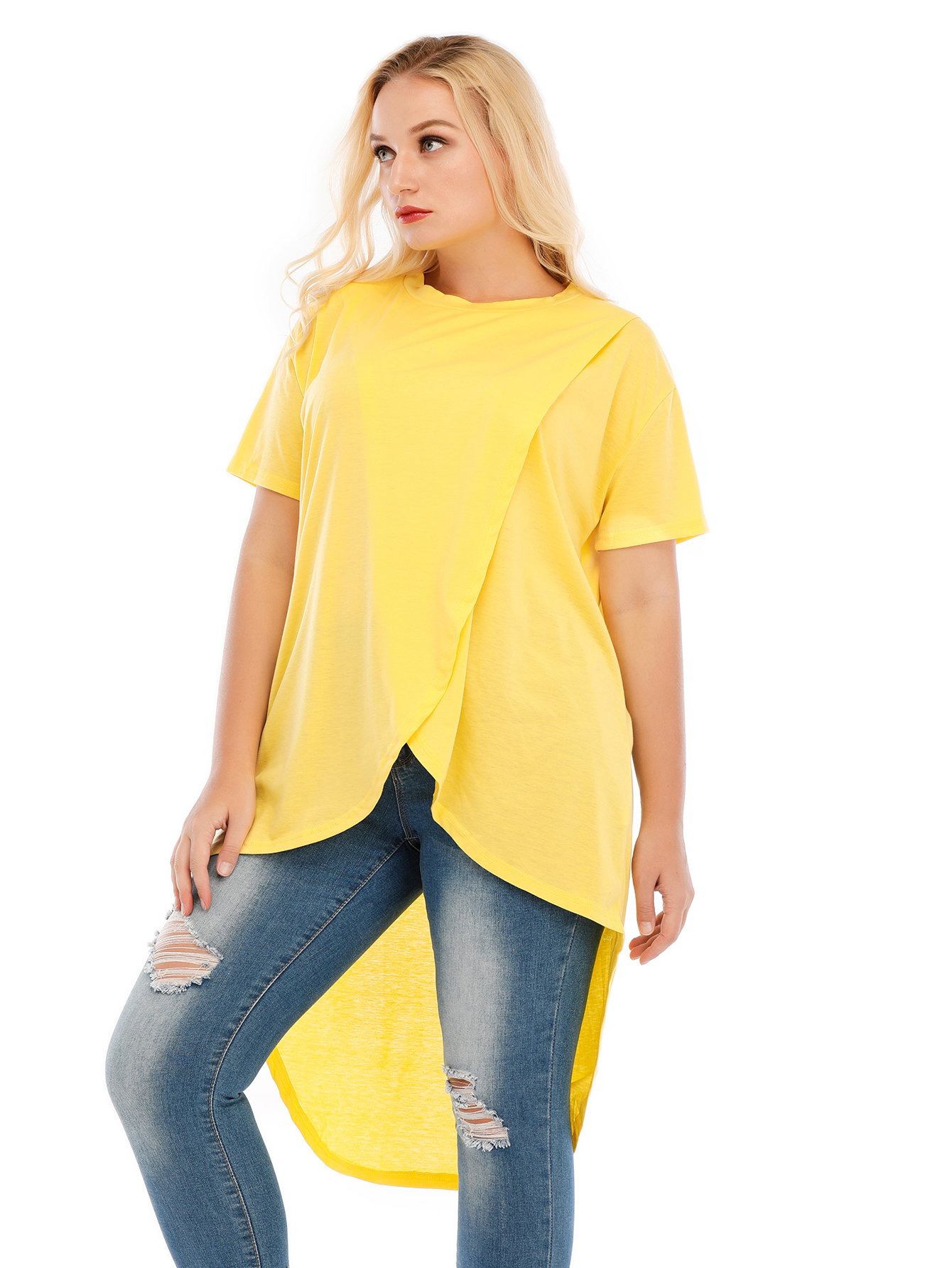 Women's Solid Color Irregular Pullover Round Neck Slim Short Sleeve T-Shirt Top