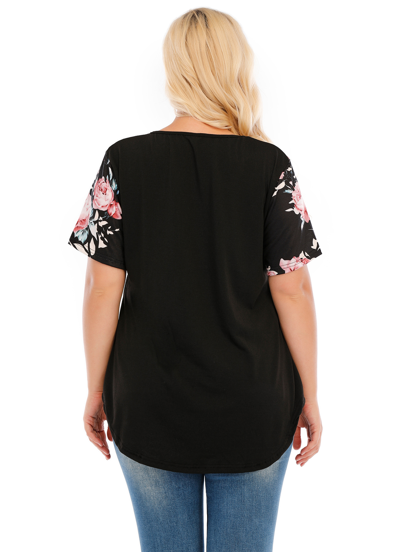 Women's Plus Size Elegant Round Neck Long Sleeve Top with Flower Print