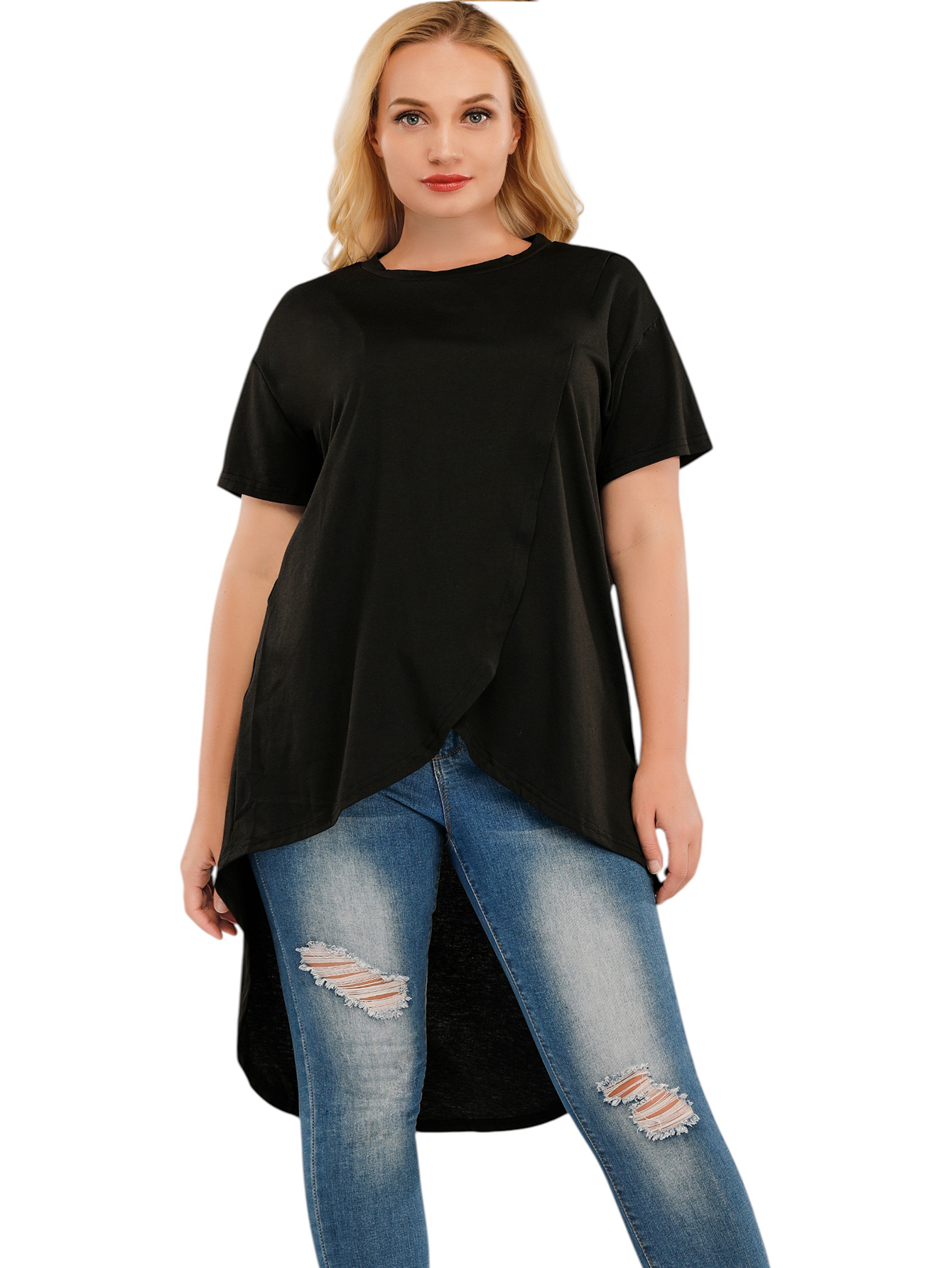 Women's Solid Color Irregular Pullover Round Neck Slim Short Sleeve T-Shirt Top