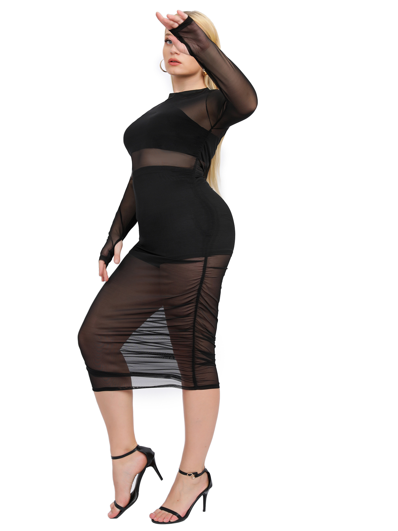 Women's Contrast Mesh Long Sleeve Bodycon Dress Slit Hem Mock Neck Pencil Dress
