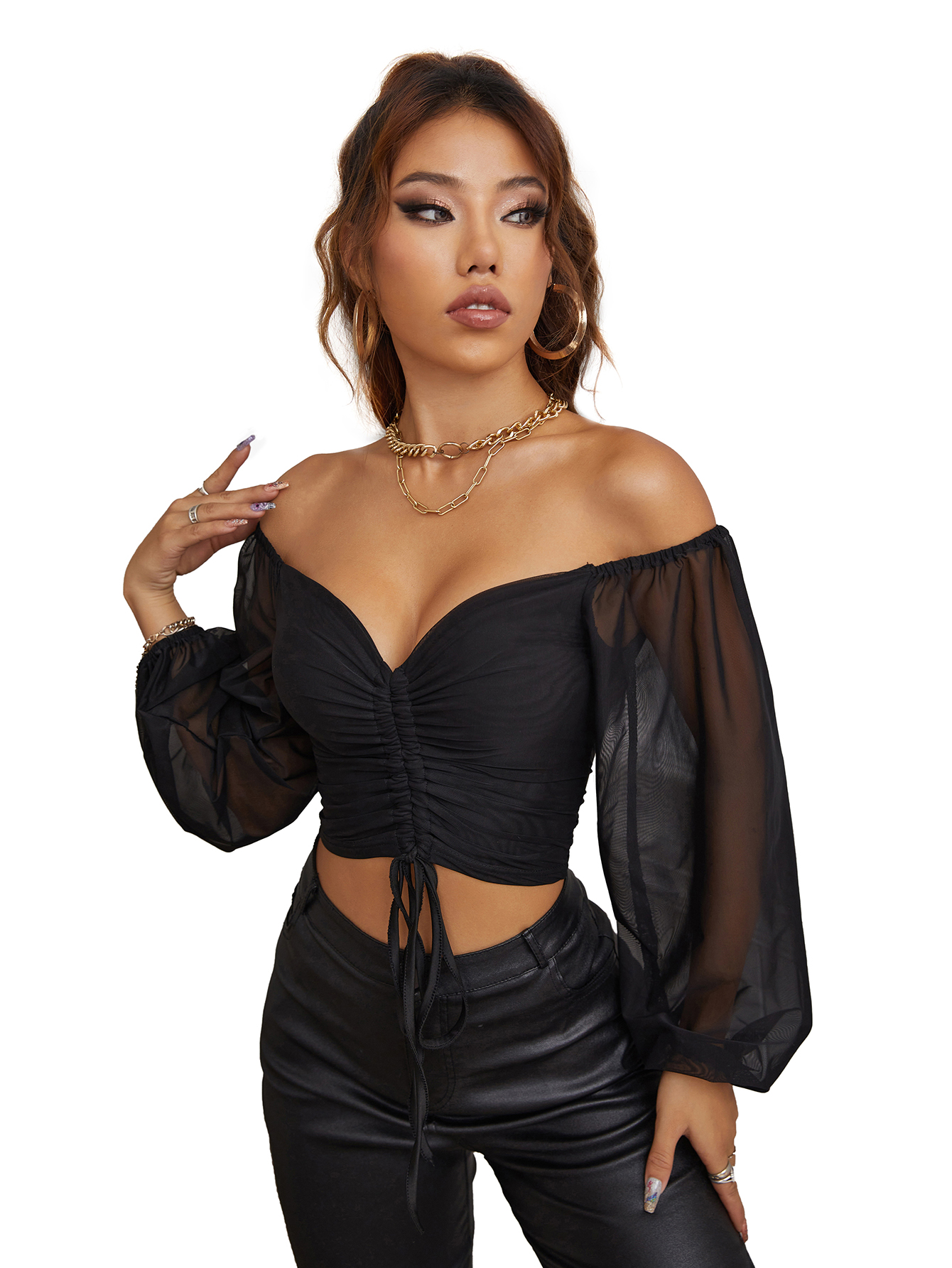 Women's  Mesh Crop Tops Long Sleeve Bodycon Sheer Blouse Clubwear