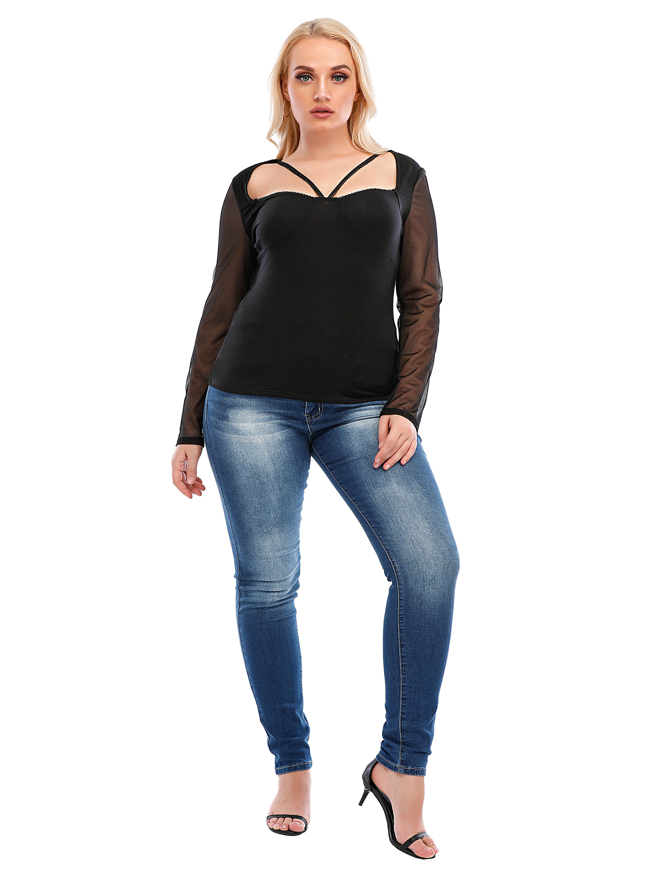 Women's Plus Size Mesh Tops See Through Shirts Long Sleeve Bodycon Sheer Blouse Clubwear
