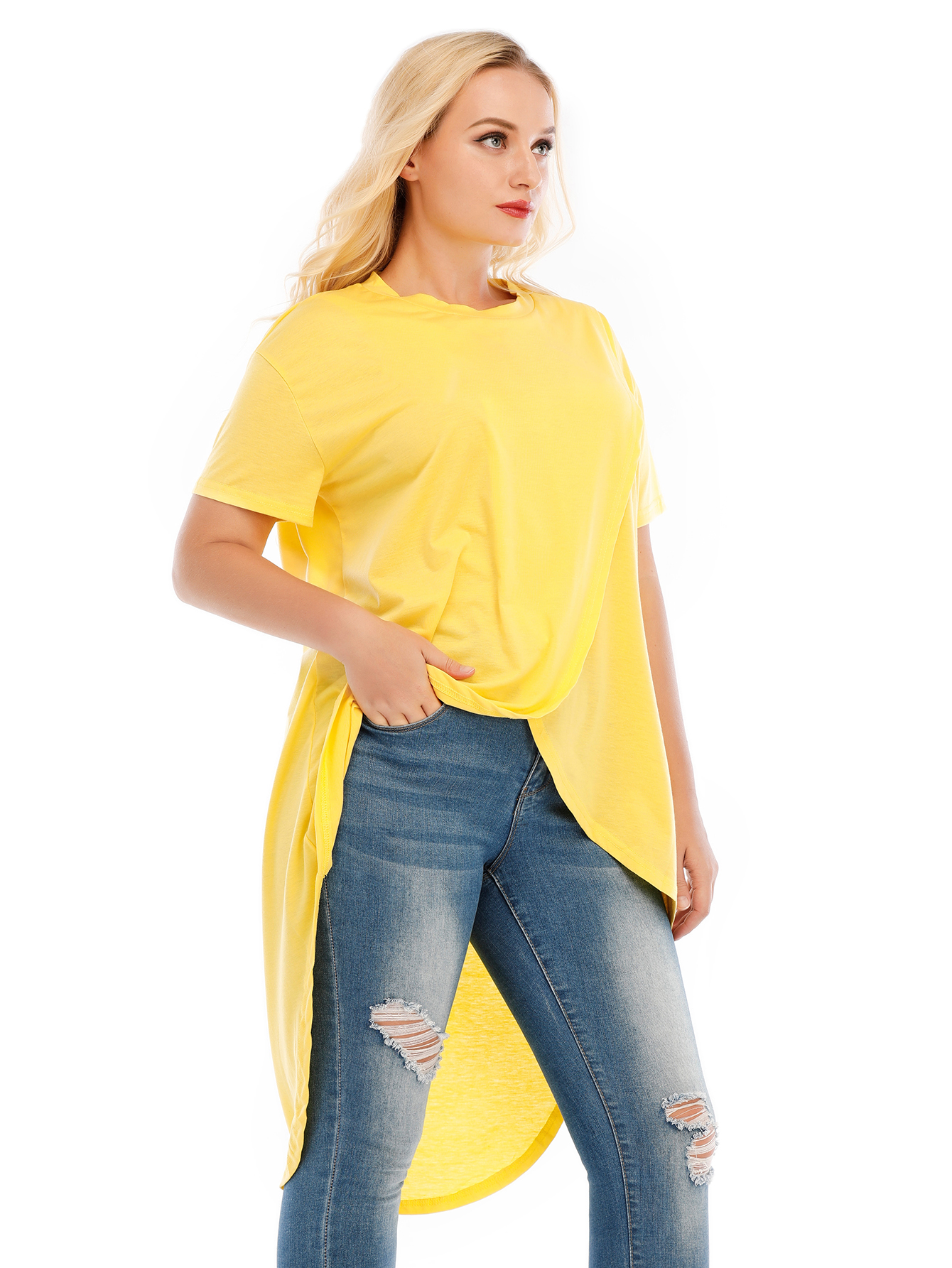 Women's Solid Color Irregular Pullover Round Neck Slim Short Sleeve T-Shirt Top