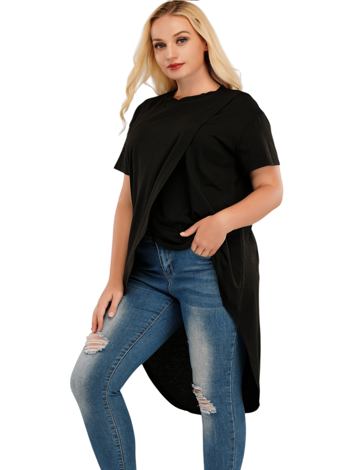 Women's Solid Color Irregular Pullover Round Neck Slim Short Sleeve T-Shirt Top
