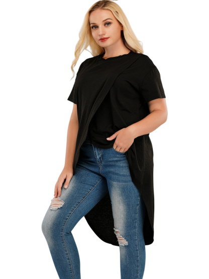 Women's Solid Color Irregular Pullover Round Neck Slim Short Sleeve T-Shirt Top
