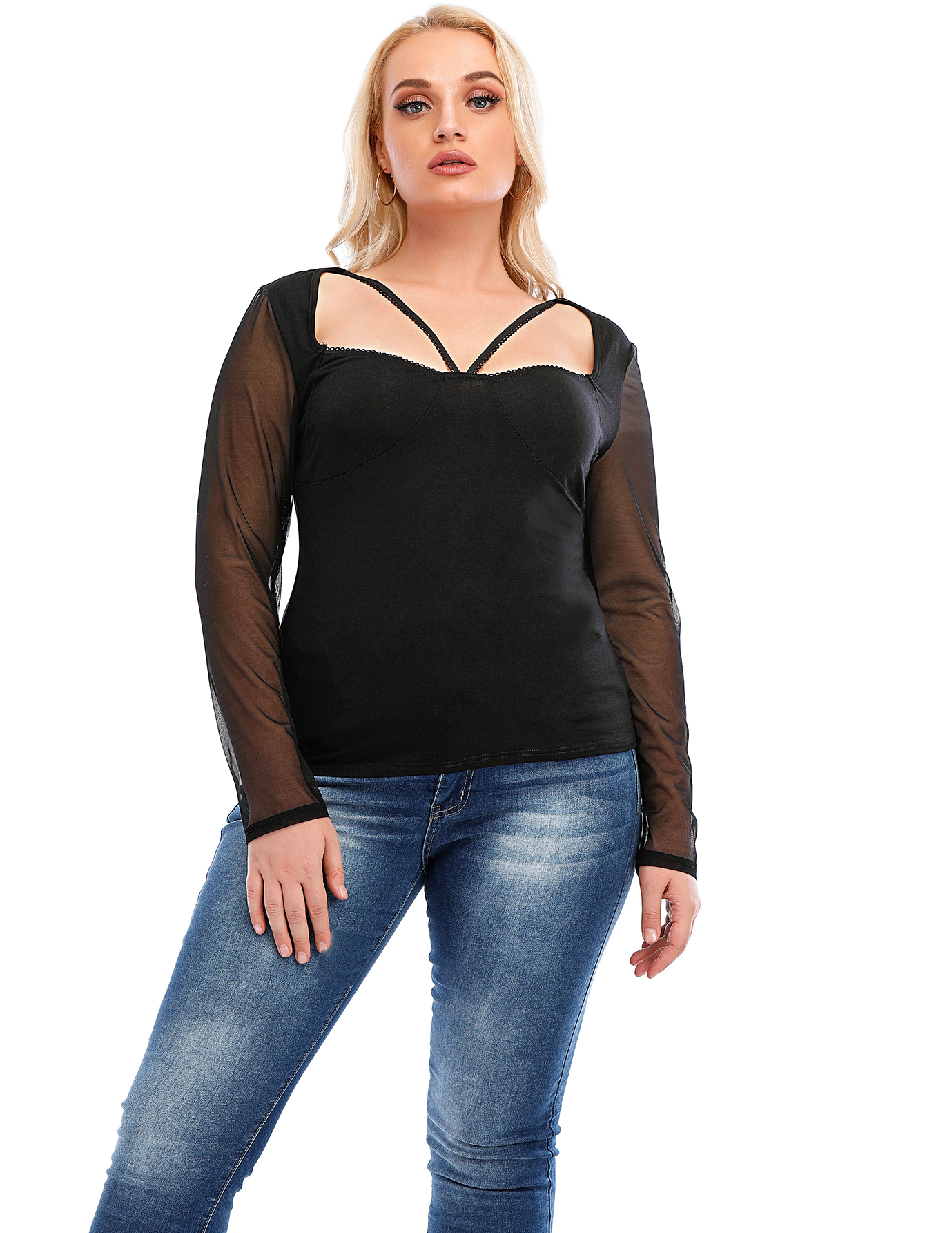 Women's Plus Size Mesh Tops See Through Shirts Long Sleeve Bodycon Sheer Blouse Clubwear