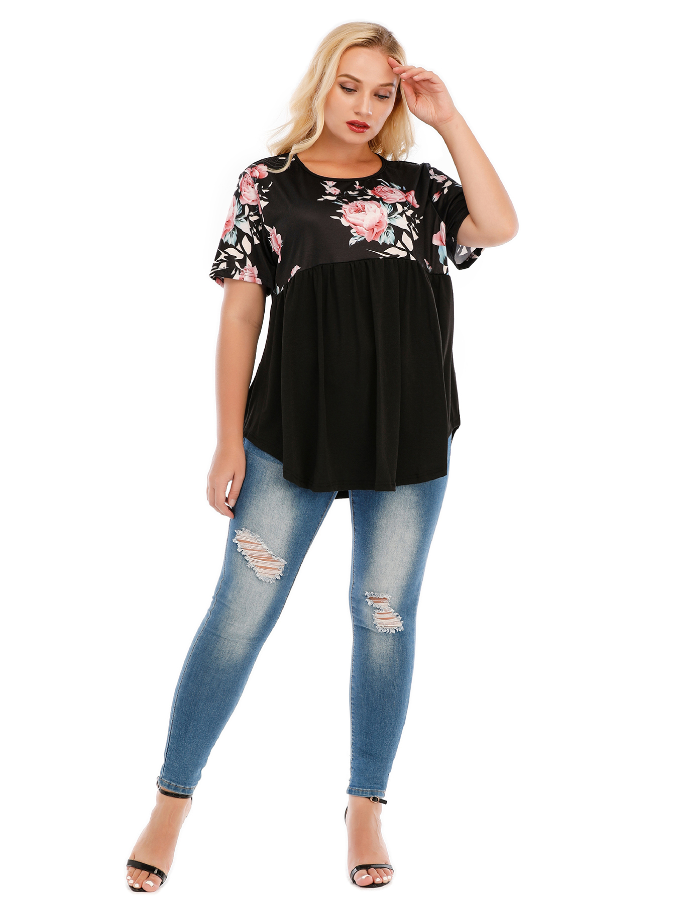 Women's Plus Size Elegant Round Neck Long Sleeve Top with Flower Print