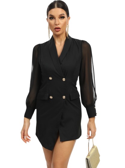  Women Blazer Set Solid Color Long Sleeve Notch Lapel Double Breasted Button Blazer Dress with Pockets