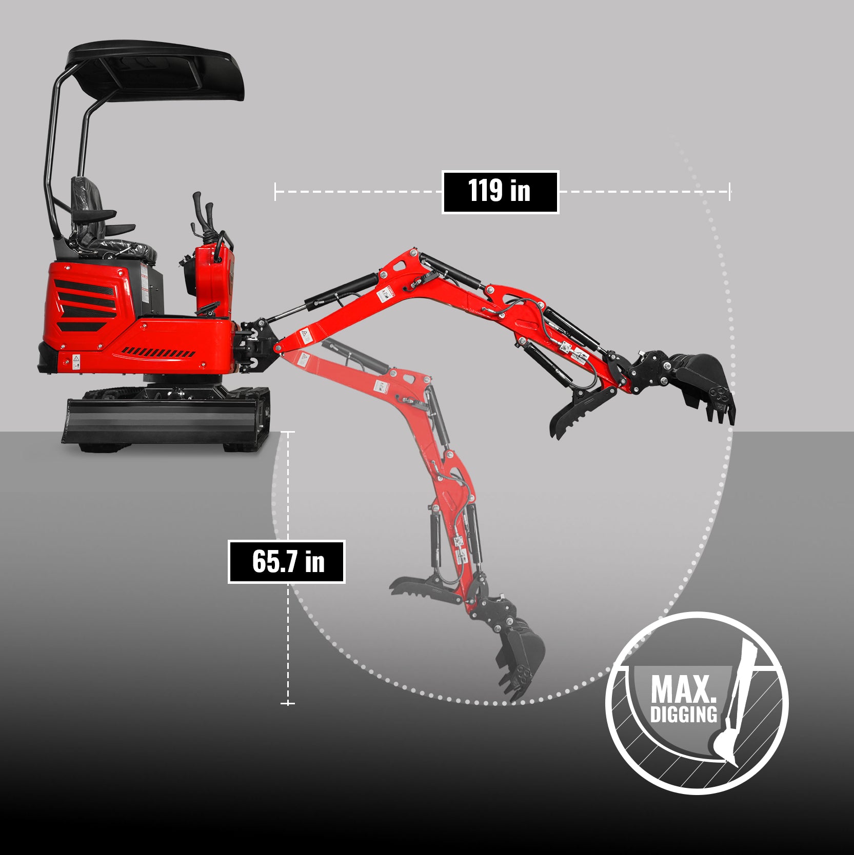 Digging depth and reach feature