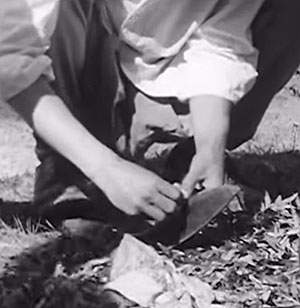 cutting with of Bhojpure kukri using leg