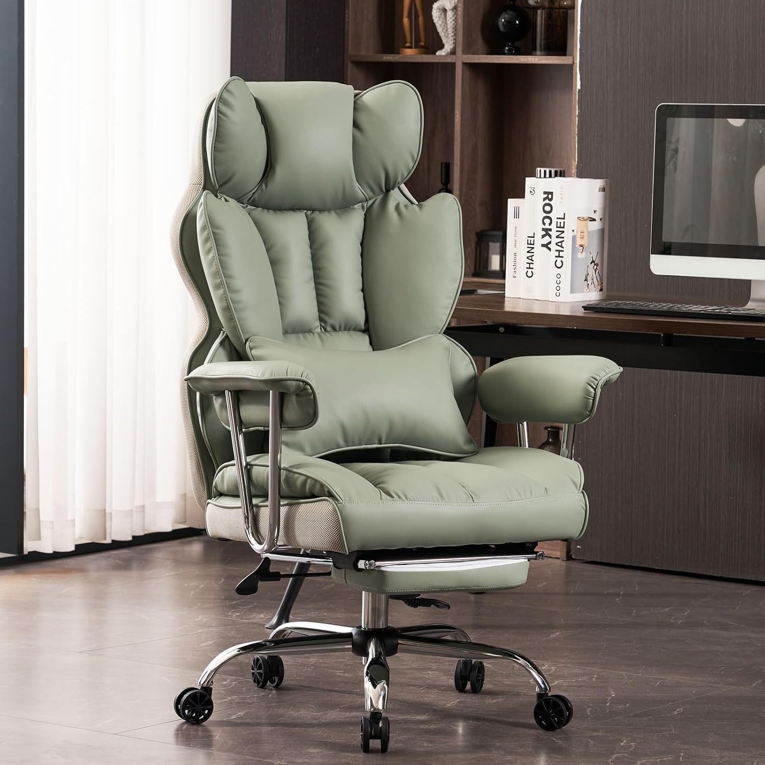 Silla de oficina alta, silla de computadora de cuero PU, silla ejecutiva con reposapiernas y soporte lumbar