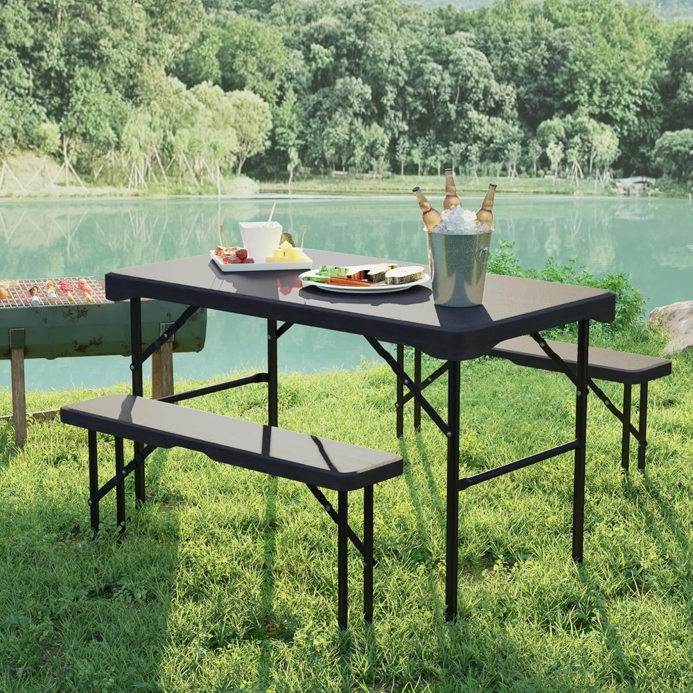 Juego de mesa de pícnic y bancos plegables, juego de mesa de comedor rectangular para patio
