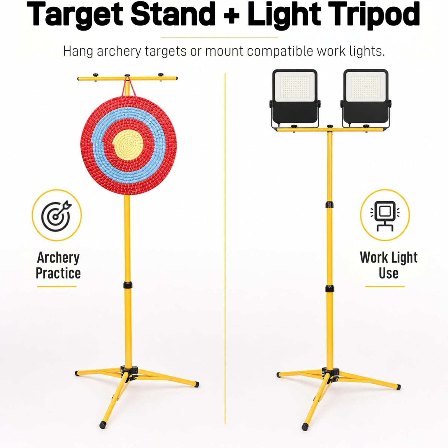 YUOUY Archery Target Stand, Foldable and Adjustable Metal Tripod for Bow and Arrow, Ideal for Backyards and Shooting Ranges. Hanging Stand for Straw Targets and Work Lights