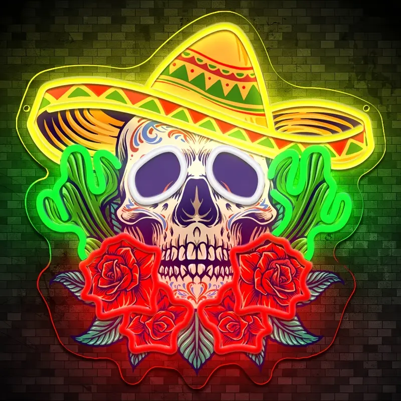 Vibrant Skull and Rose Neon Sign