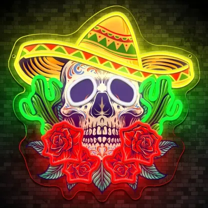 Vibrant Skull and Rose Neon Sign