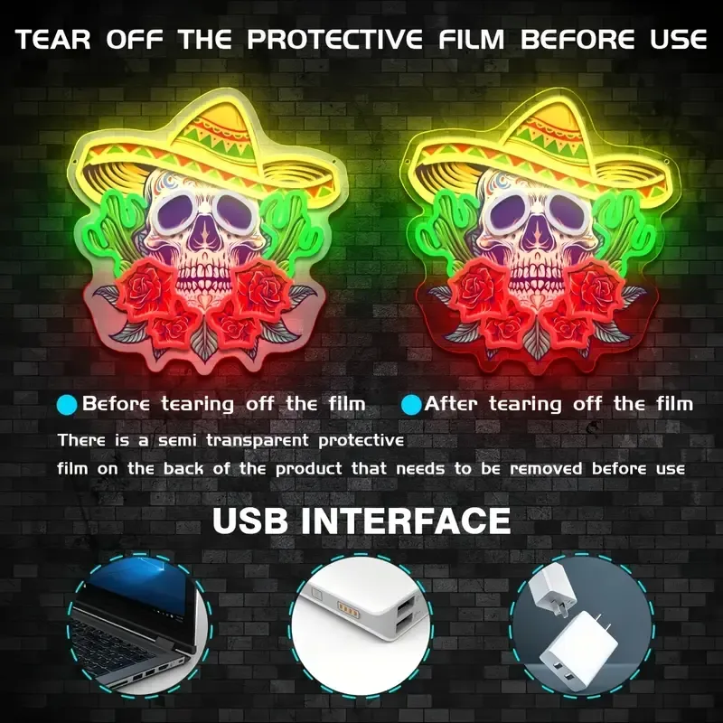 Vibrant Skull and Rose Neon Sign