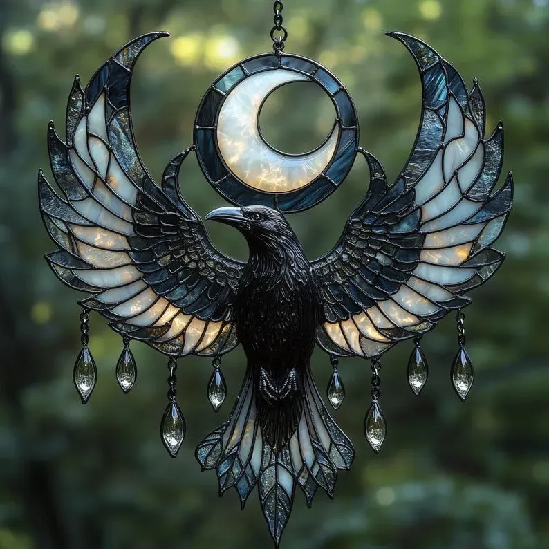 Crescent Moon Raven Acrylic Suncatcher