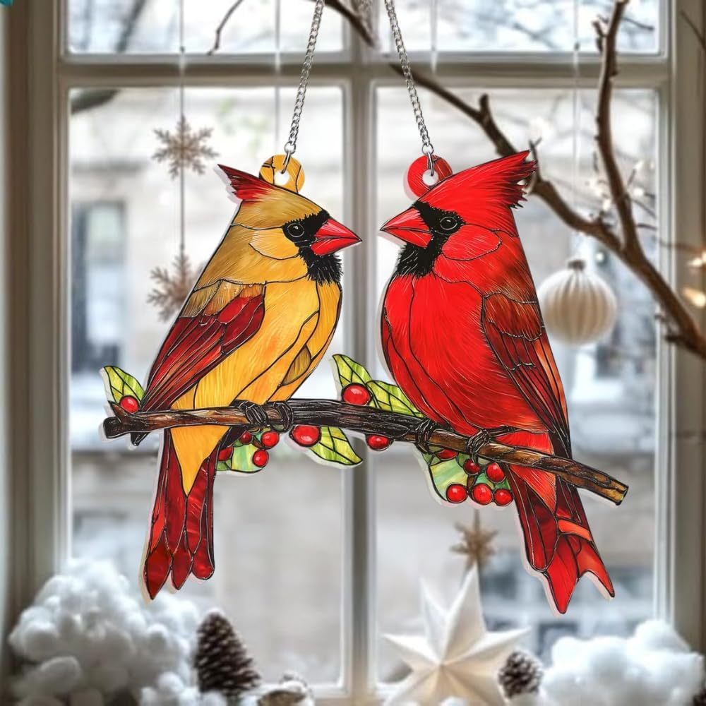 Red Bird Couple Stained Glass Window Hanging Decor