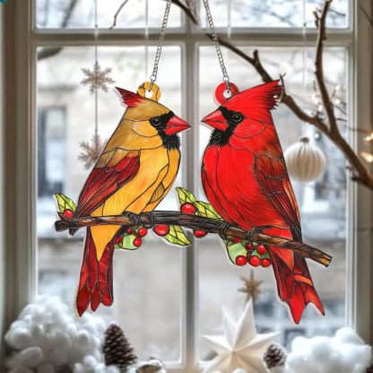 Red Bird Couple Stained Glass Window Hanging Decor