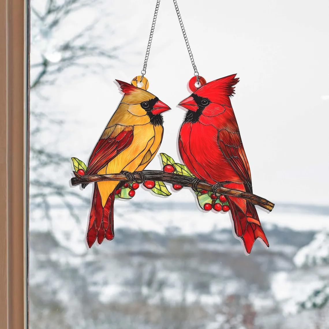 Red Bird Couple Stained Glass Window Hanging Decor