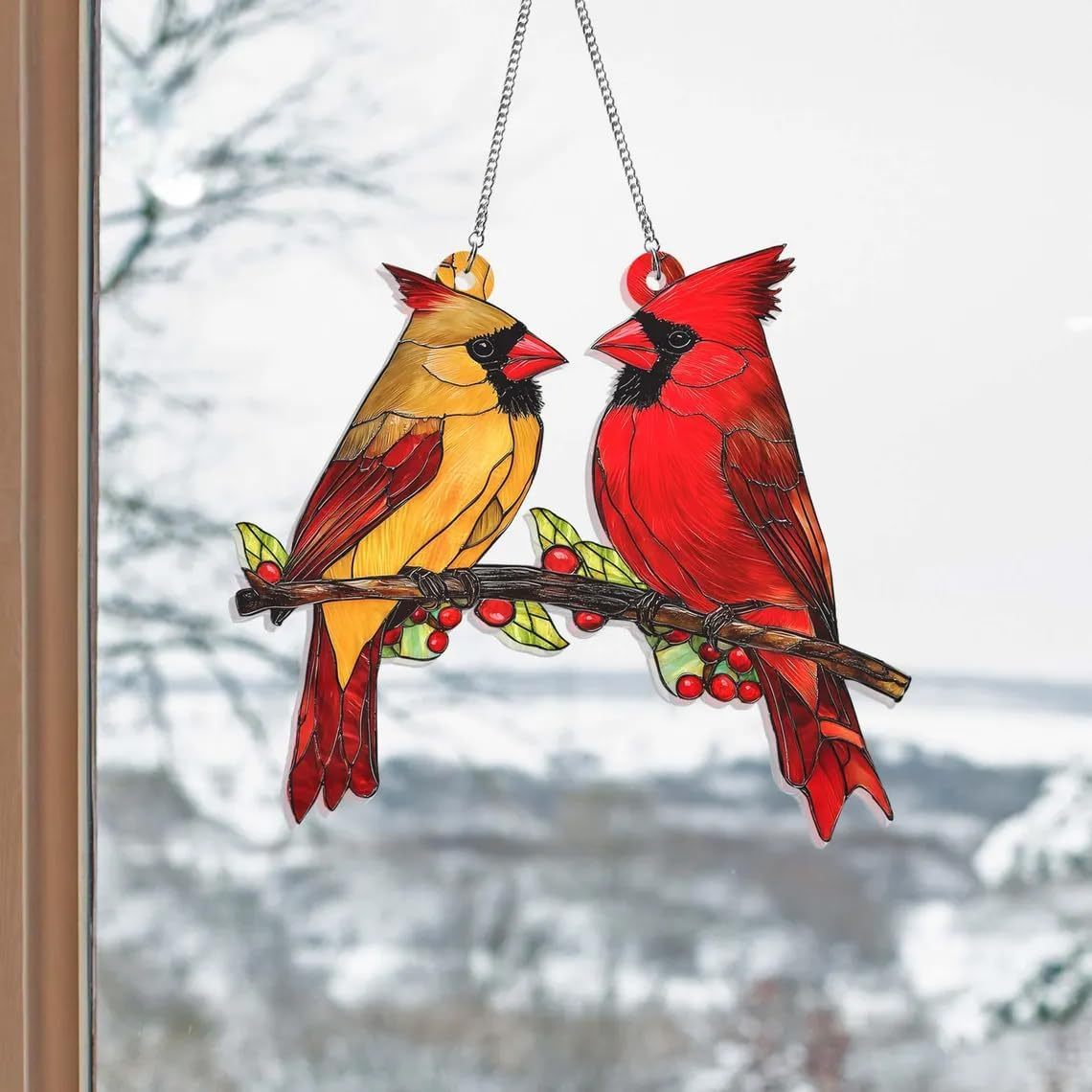 Red Bird Couple Stained Glass Window Hanging Decor