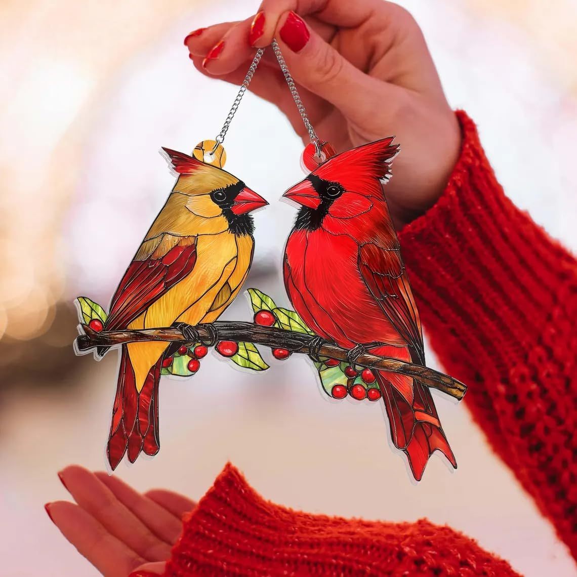 Red Bird Couple Stained Glass Window Hanging Decor