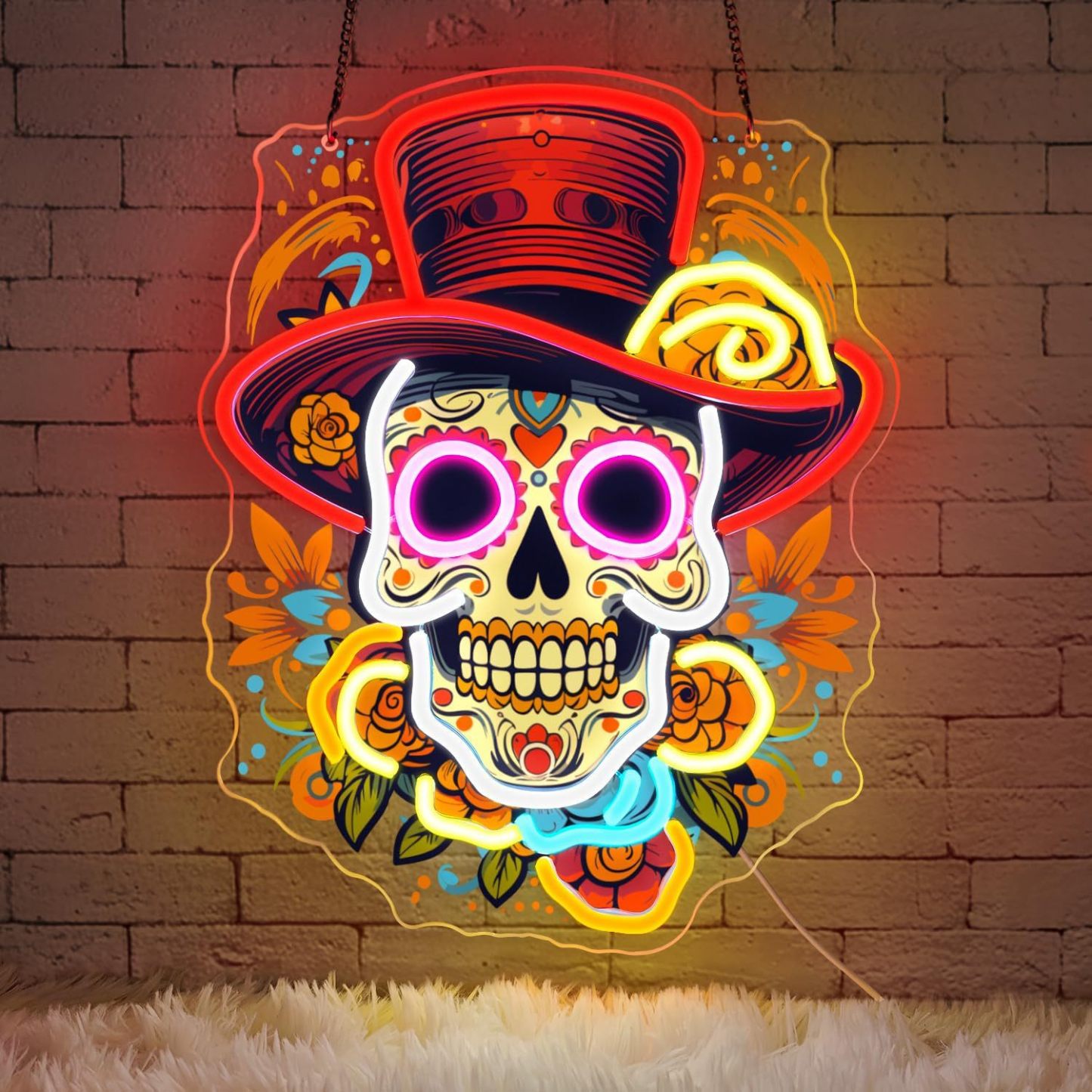 Vibrant Skull and Rose Neon Sign