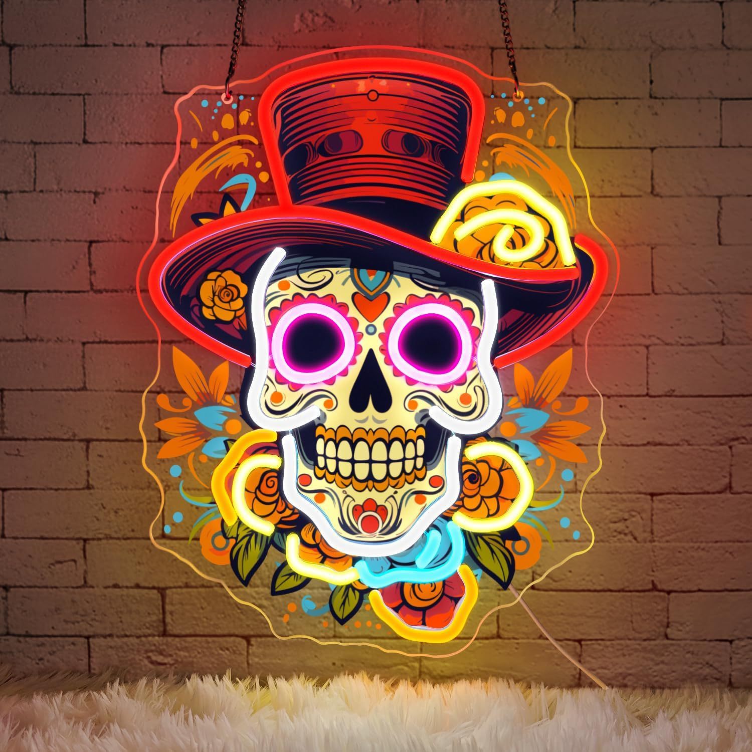 Vibrant Skull and Rose Neon Sign