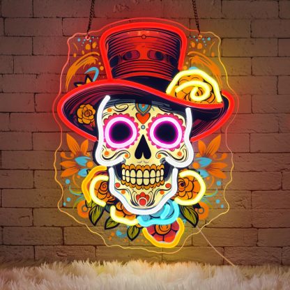 Vibrant Skull and Rose Neon Sign