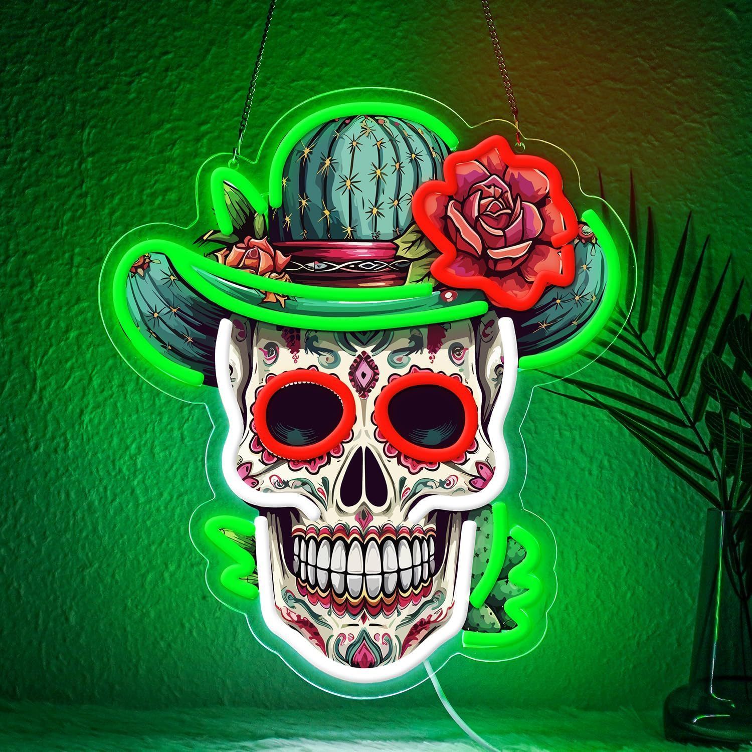 Vibrant Skull and Rose Neon Sign