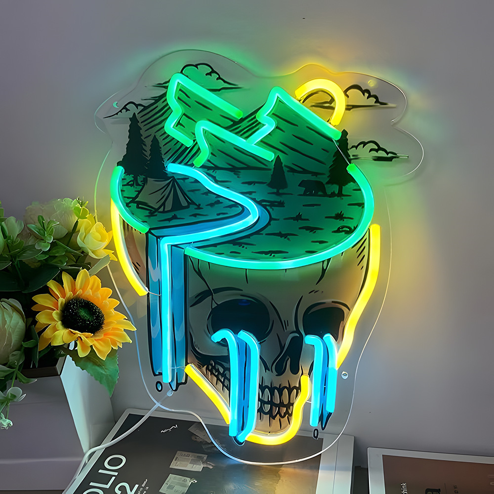 Vibrant Skull and Rose Neon Sign