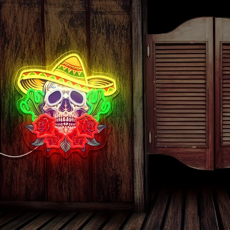 Vibrant Skull and Rose Neon Sign